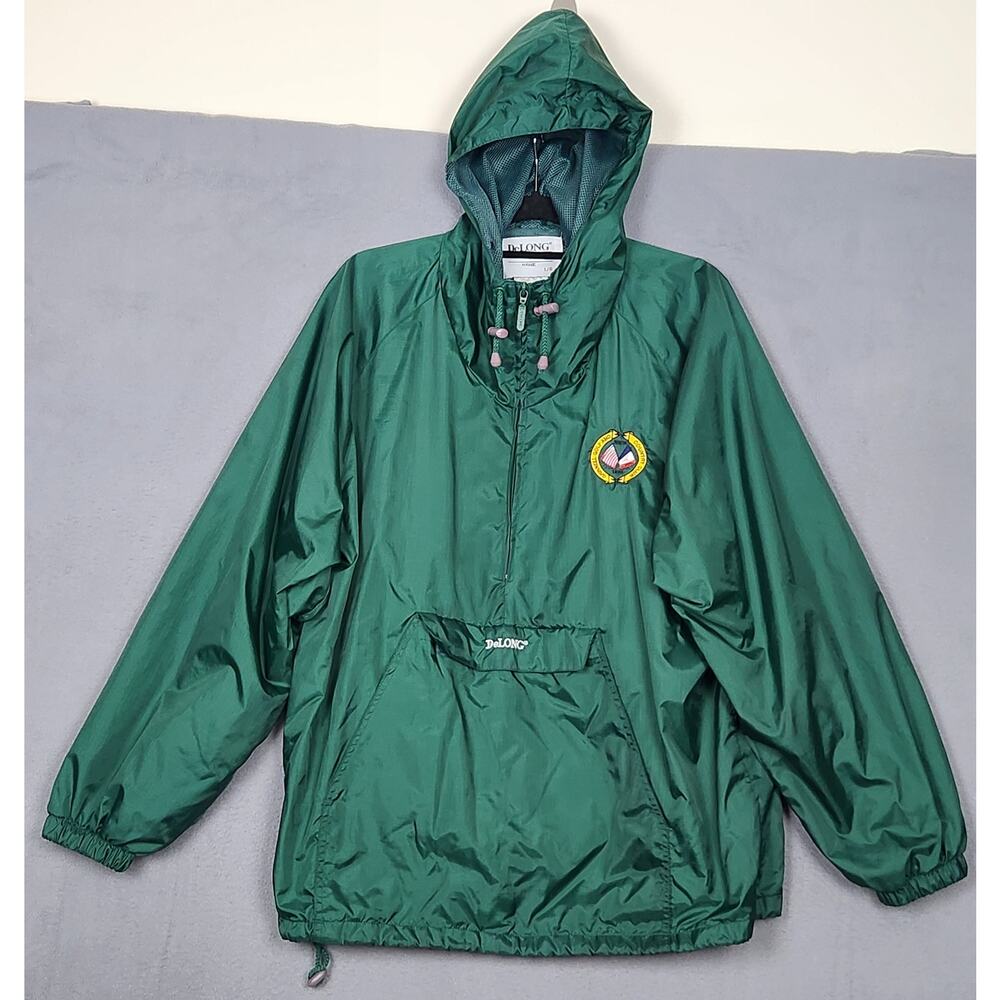 DELONG Windbreaker Jacket Mens Large Green Lightweight Grinnell Golf Club Hooded